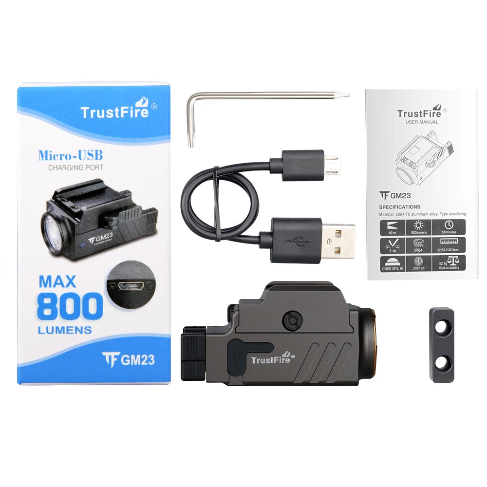 Pistolová svítilna Trustfire GM23, taktická 800 lumenů, montáž na lištu zbraně, rychlé uvolnění, dobíjecí LED svítilna s USB pro Glock 17 a 19