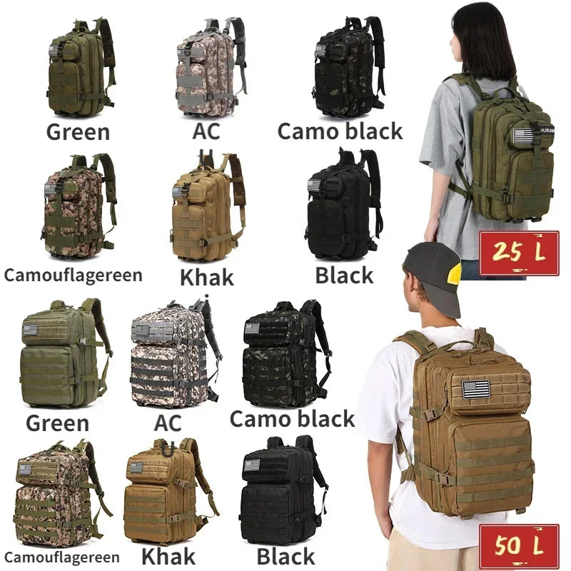 25L/50L Taktický batoh Molle Bag Venkovní tašky Batoh pro turistiku, kempování, lov, rybaření, tělocvičnu, tašky