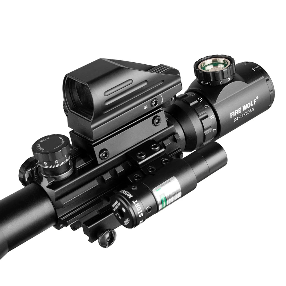 4-12X50 ZB Lovecký puškohled Airsoft Taktický puškohled s červeným a zeleným bodem a holografickou optikou
