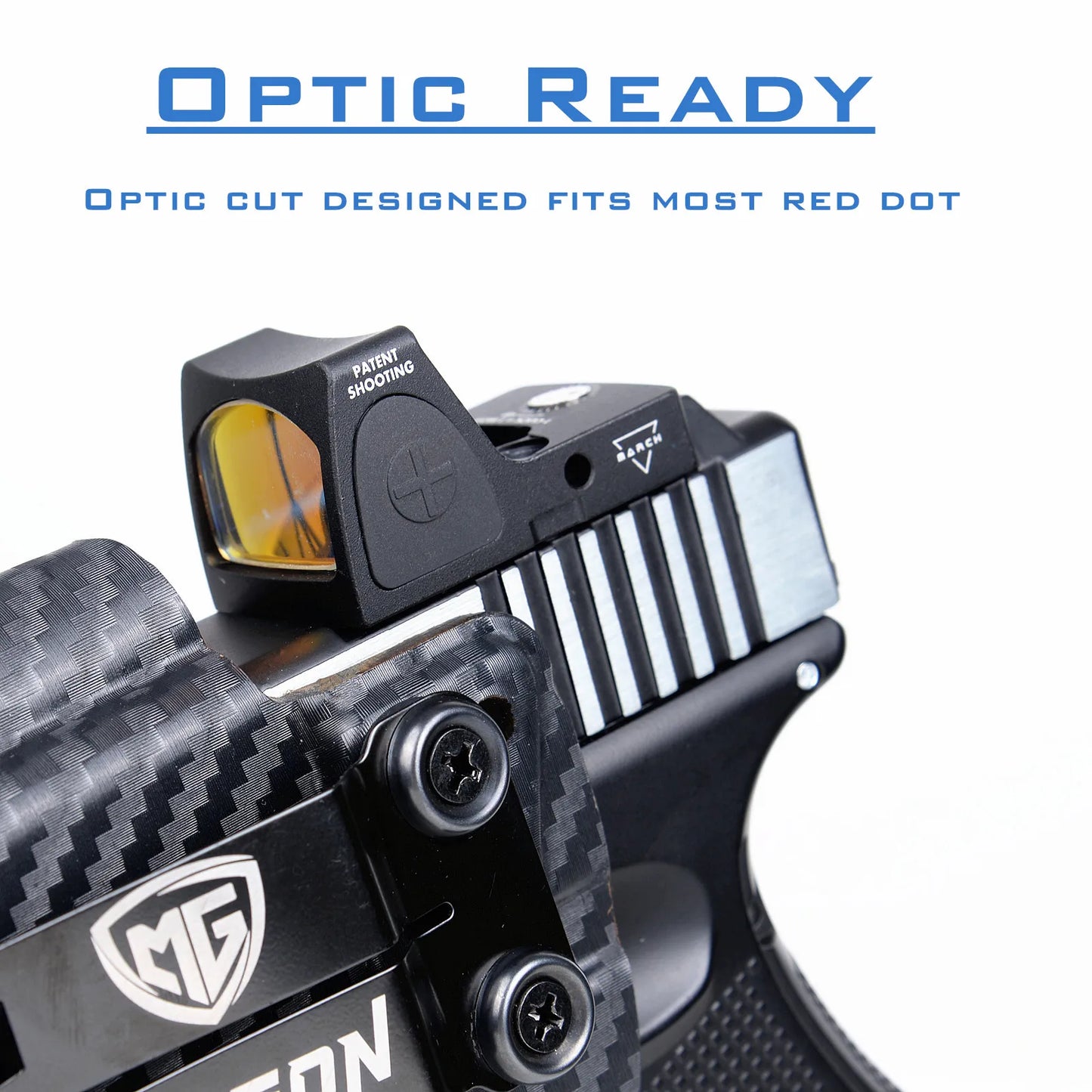 Pouzdro IWB Kydex pro Glock 19 ráží 19X23, 25, 32, 44, 45, s taktickou svítilnou Olight Baldr S v pase, skrytá kapsa na nošení.