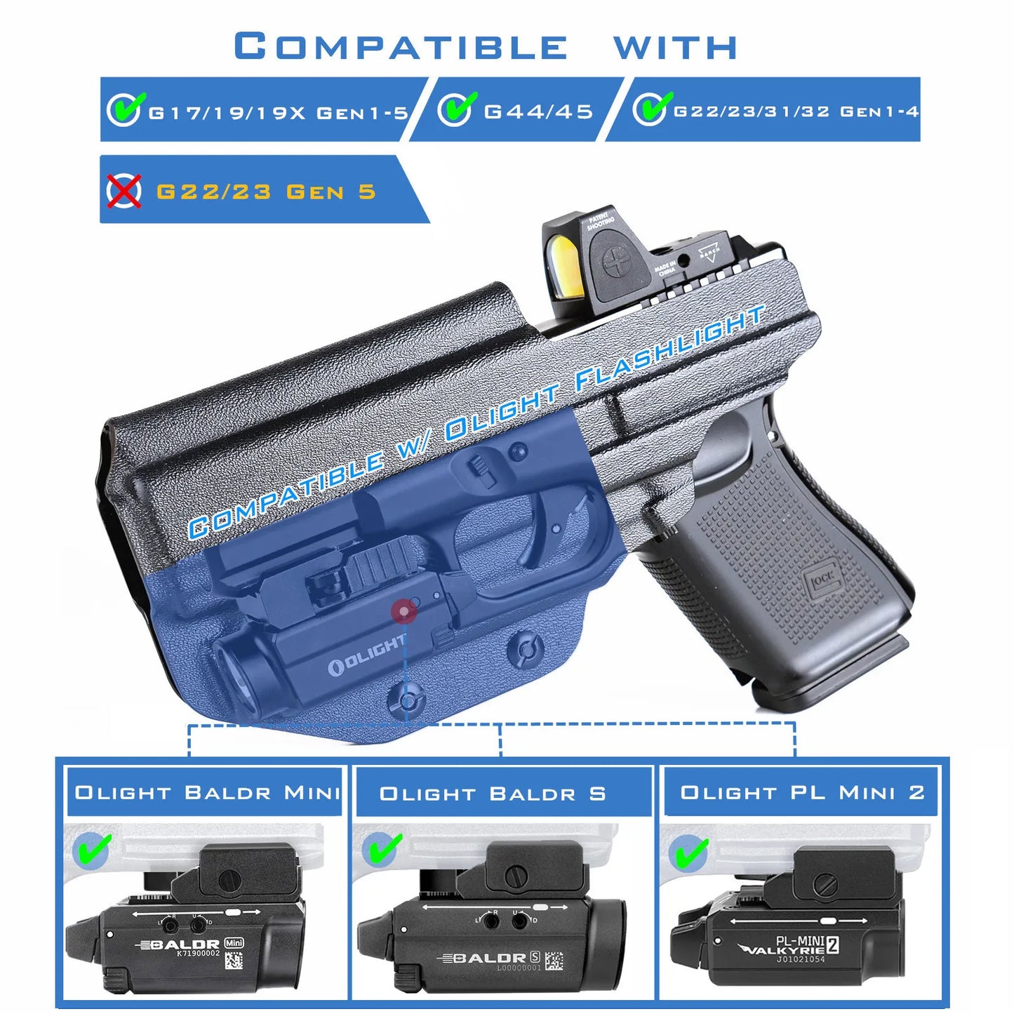 Pouzdro IWB Kydex pro Glock 19 ráží 19X23, 25, 32, 44, 45, s taktickou svítilnou Olight Baldr S v pase, skrytá kapsa na nošení.