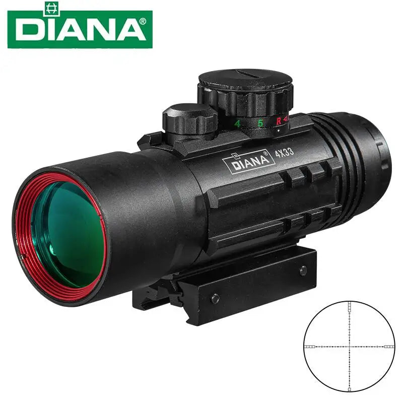 Taktický puškohled Diana 4x33 se zelenou tečkou, vhodný pro lišty 11mm a 20mm, pro lovecké puškohledy.