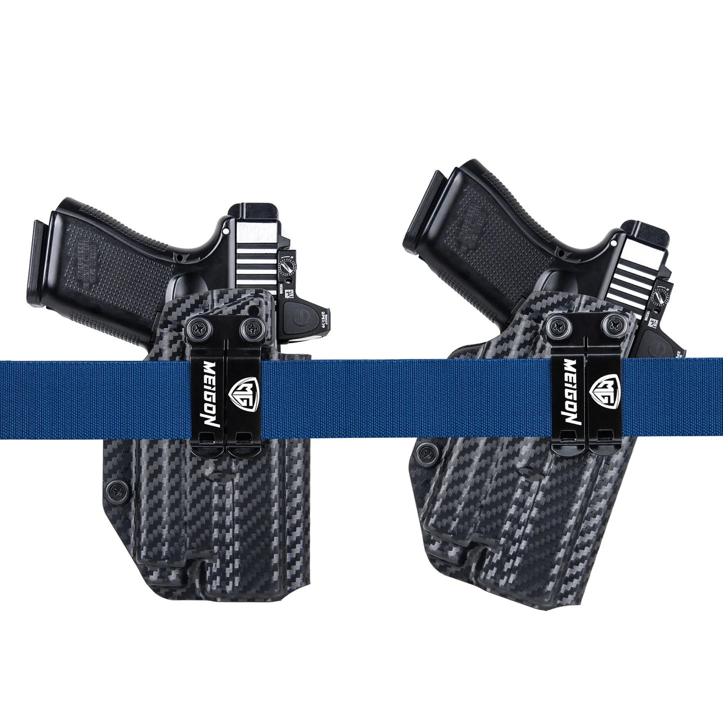 Pouzdro IWB Kydex pro Glock 19 ráží 19X23, 25, 32, 44, 45, s taktickou svítilnou Olight Baldr S v pase, skrytá kapsa na nošení.