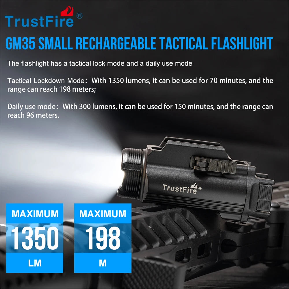 Taktické LED svítilny Trustfire GM35, miniaturní pistolové světlo, 1350 lumenů, dobíjecí přes USB, rychloupínací pistole, lišta 1913/GL