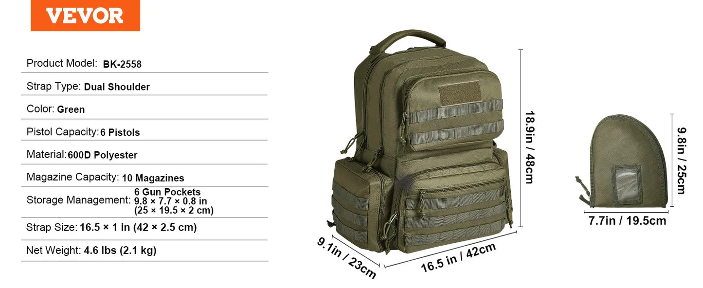 VEVOR pistolová brašna, pušková brašna, pistolové brašny pro 6 pistolí, pistolový batoh se 6 nezávislými kapsami na pistole a 10 zásobníky, pistolový batoh pro lov v přírodě, uzamykatelná brašna, hnědá
