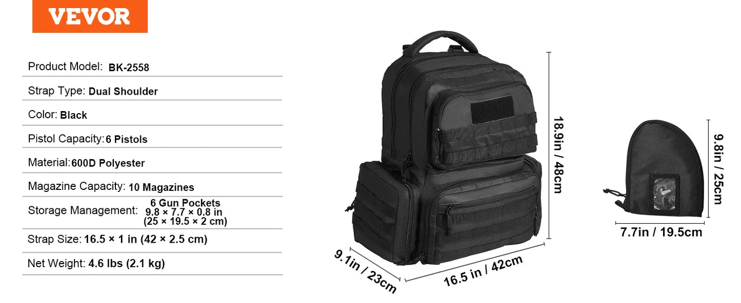 VEVOR pistolová brašna, pušková brašna, pistolové brašny pro 6 pistolí, pistolový batoh se 6 nezávislými kapsami na pistole a 10 zásobníky, pistolový batoh pro lov v přírodě, uzamykatelná brašna, hnědá