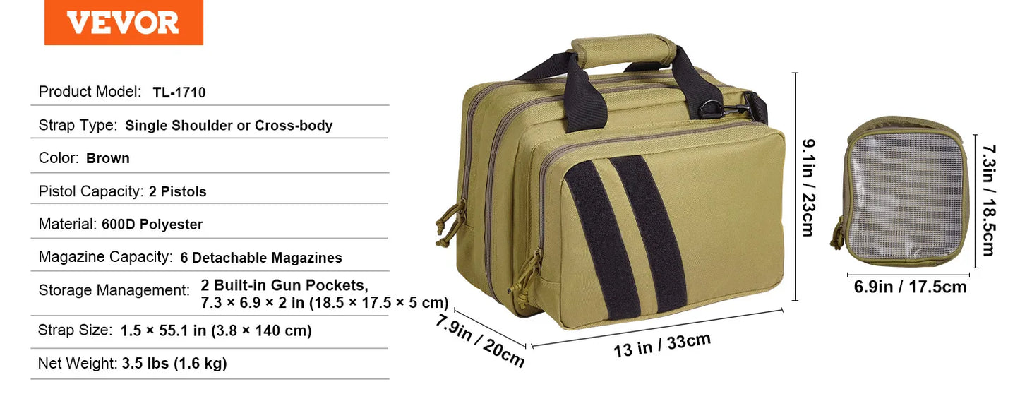 VEVOR pistolová brašna, pušková brašna, pistolové brašny pro 6 pistolí, pistolový batoh se 6 nezávislými kapsami na pistole a 10 zásobníky, pistolový batoh pro lov v přírodě, uzamykatelná brašna, hnědá