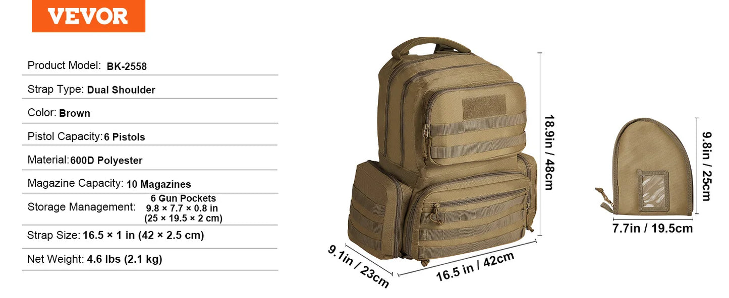 VEVOR pistolová brašna, pušková brašna, pistolové brašny pro 6 pistolí, pistolový batoh se 6 nezávislými kapsami na pistole a 10 zásobníky, pistolový batoh pro lov v přírodě, uzamykatelná brašna, hnědá